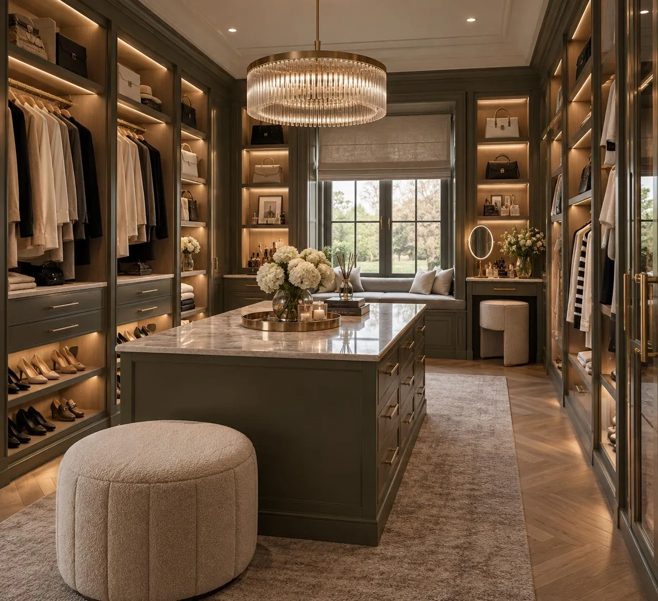 Luxury walk-in dressing room with sage cabinetry, a marble island, brass fittings and softly lit shelving