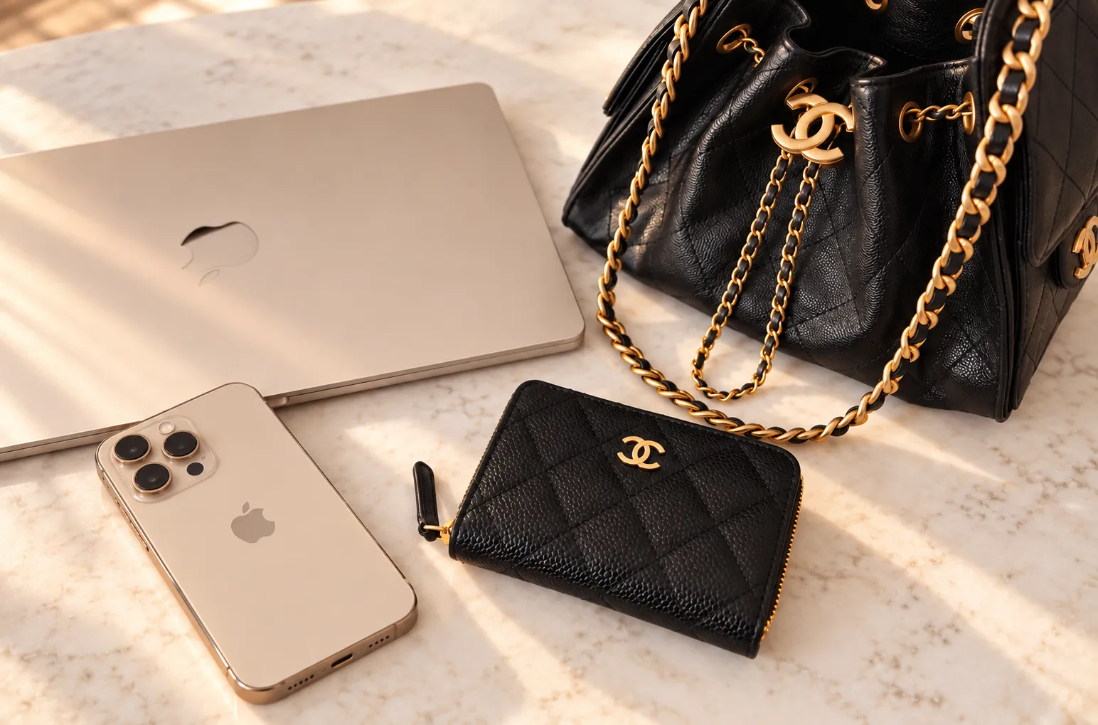 Laptop, phone, a quilted black handbag and purse on a sunlit marble table