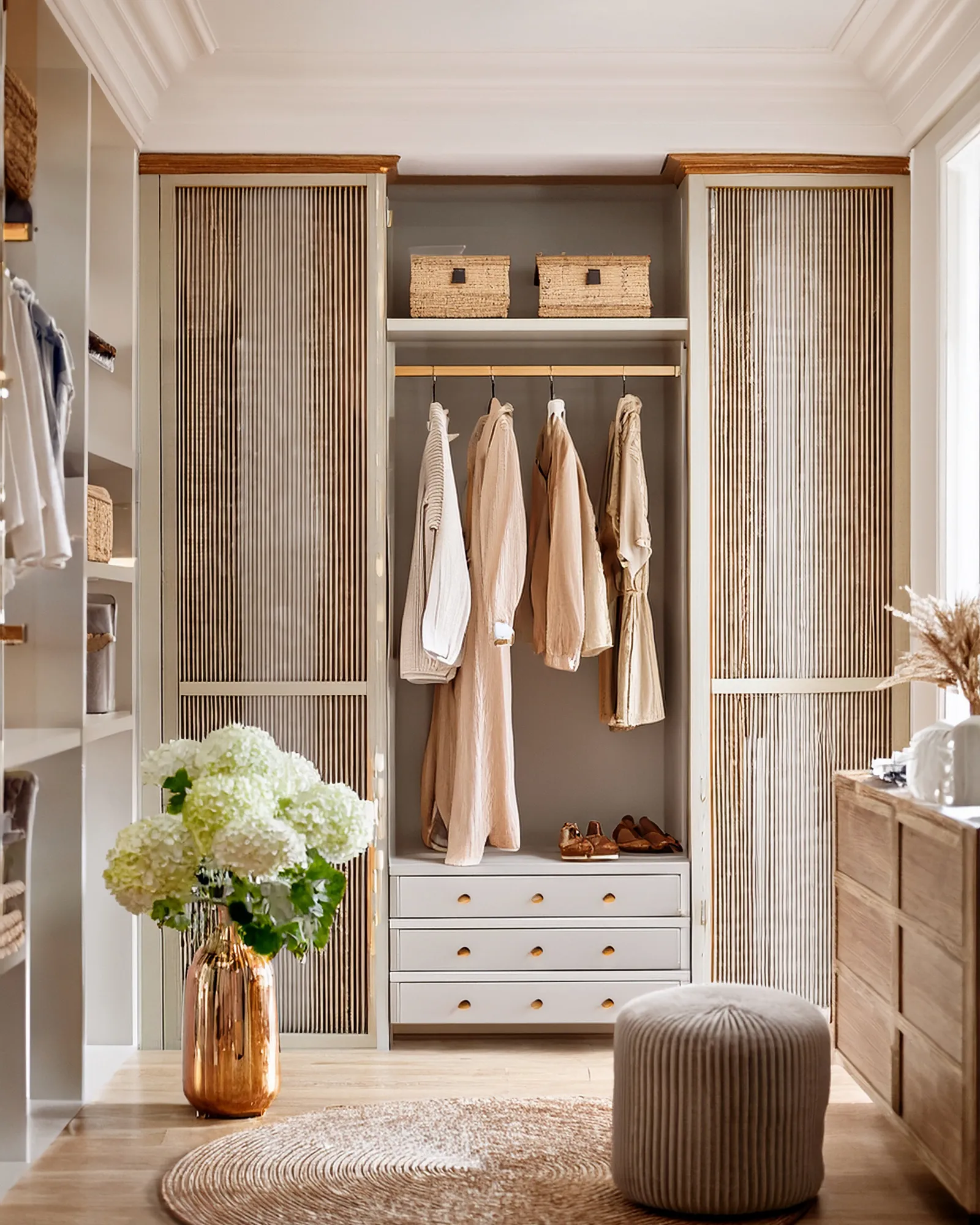 Calm, organised dressing room with neutral clothes hanging between two ribbed wardrobe doors