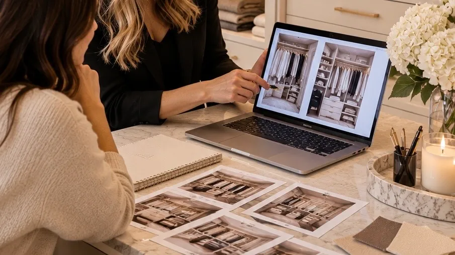 Reviewing photos of a client’s wardrobe on a laptop during a consultation