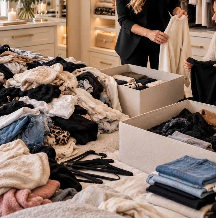 Sorting a pile of clothes into storage boxes