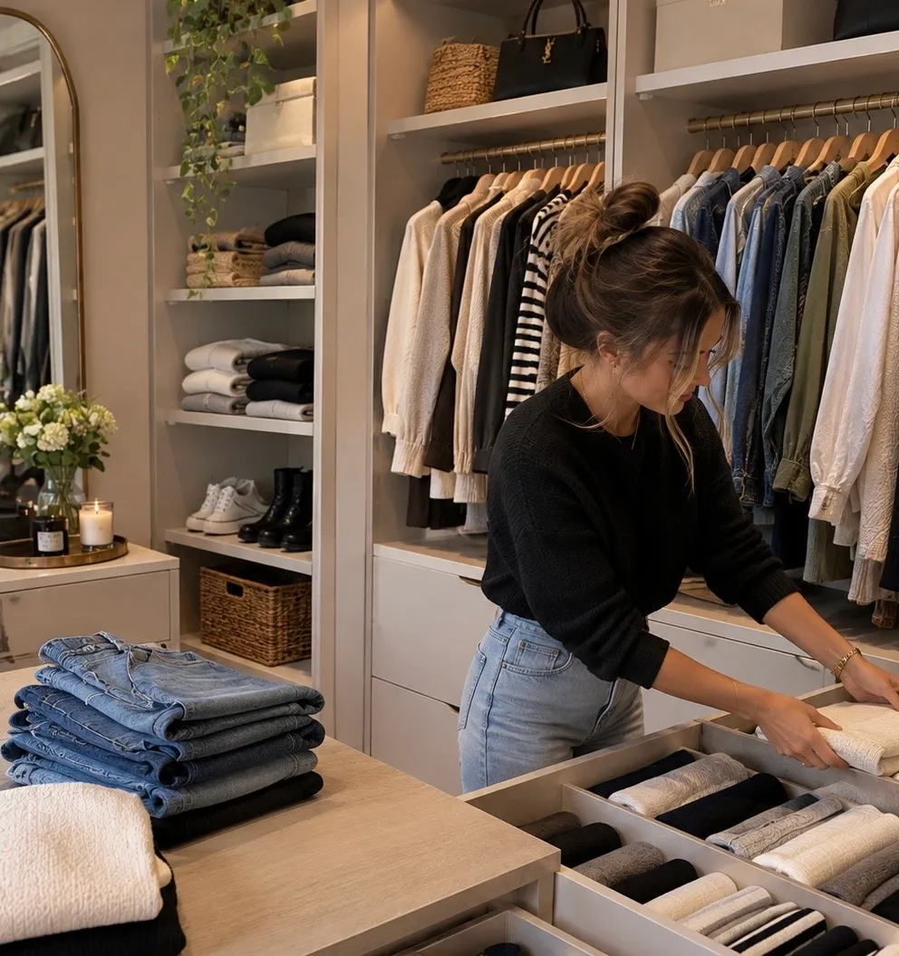 Folding knitwear into drawer dividers in a walk-in wardrobe